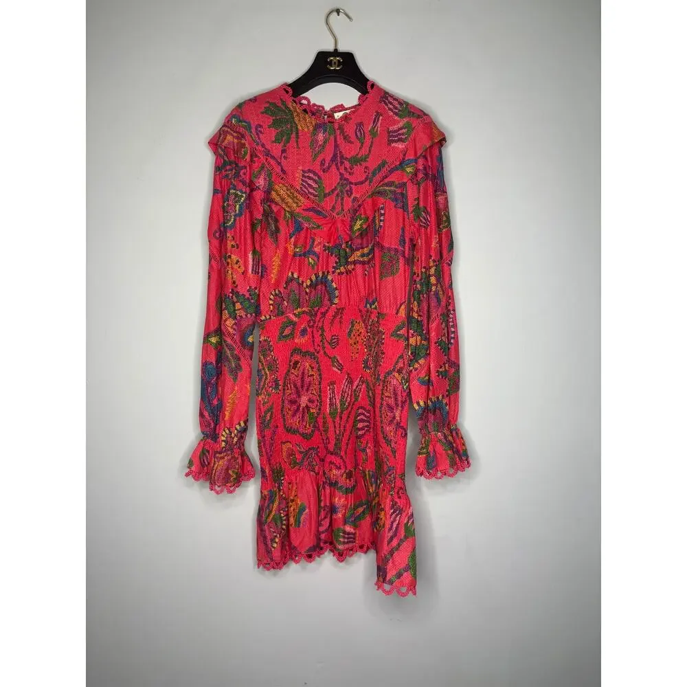 FARM Rio Mini Dress S Blush Sunset Tapestry Tropical Smocked Ruffle Summer Party - Picture 3 of 5